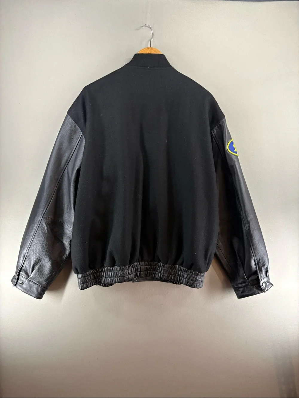 Usa Leather Men Bomber Jacket Leather Wool Logo Dmos5 Black Size 2XL Varsity